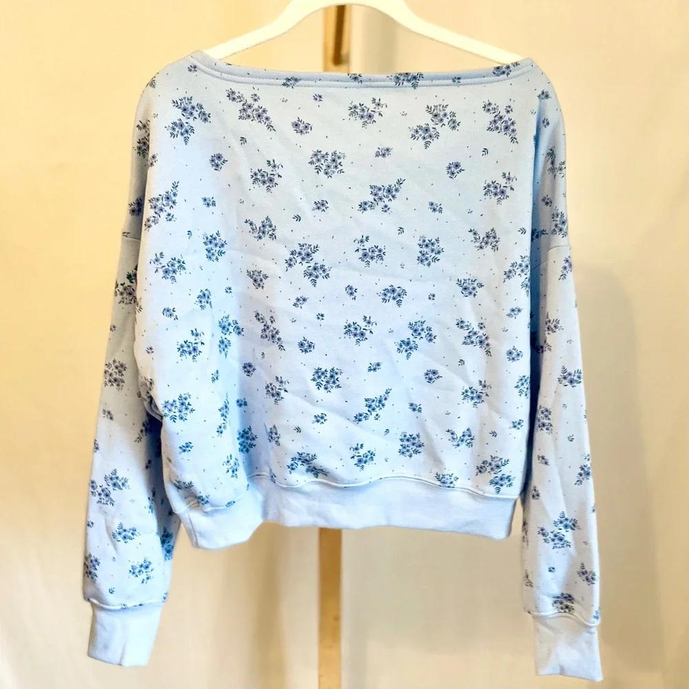 Mighty Fine‎ Hopeless Romantic Floral Off Shoulder Cropped Sweatshirt Blue SM